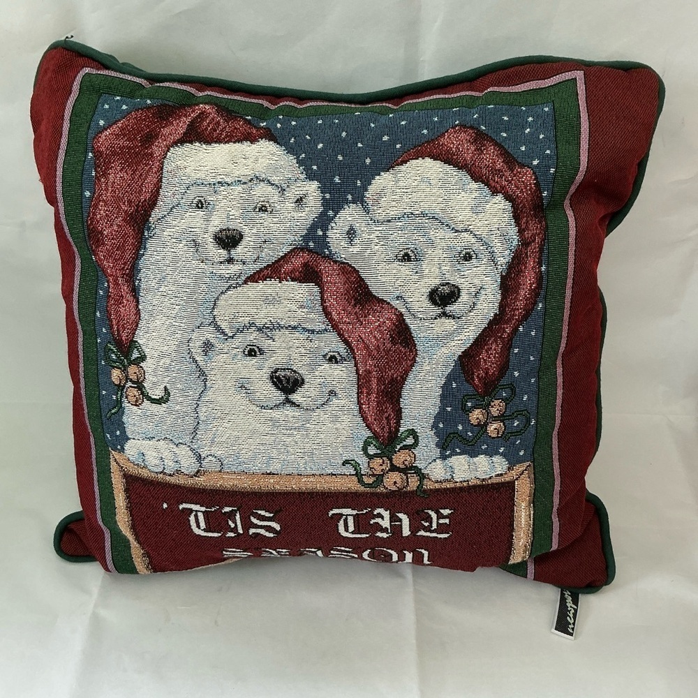Coca Cola Tapestry Holiday Pillow With Santa Hat Polar Bears Tis The Season Text